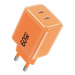 Telefono įkroviklis Forcell F-Energy GaN III Crystal Color, 2x USB C, AVS, SSFC3.0, 60W + silikoninis laidas USB C į USB C VT-60, oranžinis