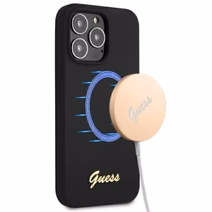 Guess GUHMP13XLSLMGBK dėklas telefonui iPhone 13 Pro Max 6.7" juodas kietas silikoninis su auksiniu logotipu MagSafe