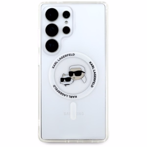 Dėklas telefonui Karl Lagerfeld Button Karl & Choupette Heads Išspausdintas logotipas MagSafe Samsung Galaxy S25 Ultra - baltas