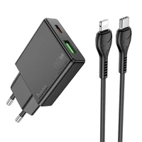 Įkroviklis telefonui Hoco Slim USB A + USB C QC3.0 PD 3A 20W + kabelis USB C į Lightning N38 juodas