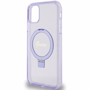Guess žiedo stovo Script blizgus magnetinis dėklas telefonui iPhone 11 / Xr - violetinis