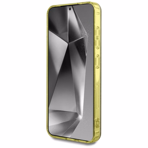 Guess 4G blizgus trikampių mygtukų magnetinis dėklas telefonui Samsung Galaxy S25 rudas