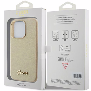 Guess Blizgantis blizgus užrašas dėklas iPhone 15 Pro - auksinis