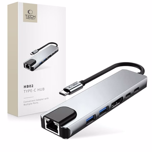 "Tech-Protect" HB02 HUB adapteris 6in1 USB-C + USB2.0 + USB3.0 + HDMI 4K 30Hz + RJ45 + PD100W - pilkas