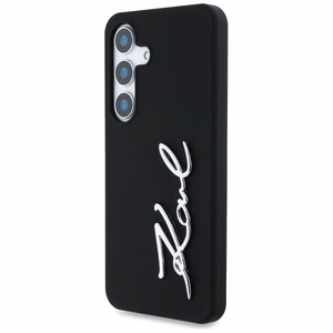 Karl Lagerfeld silikoninis metalinis parašo logotipas Samsung Galaxy S25 dėklas juodas