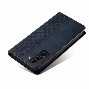 Magnetinis dėklas telefonui Samsung Galaxy S22+ (S22 Plus) su dirželiu, pinigine ir mažu pakabuku - mėlynas