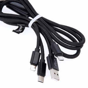 Maxlife 3in1 кабель USB - Lightning + USB-C + microUSB 1,0 м 2,1A черный нейлон