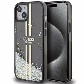 Guess Liquid Glitter Gold Stripes dėklas telefonui iPhone 15 Plus / 14 Plus - juodas