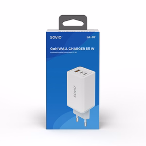 SAVIO LA-07 GaN 65W tinklo įkroviklis, USB, QC4.0+, PD 3.0, baltas