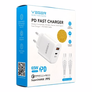 Telefono įkroviklis „VEGER“ USB-A + C tipo, PD, QC3.0, 3,25 A, 65 W + kabelis USB-C į USB-C TR67, baltas