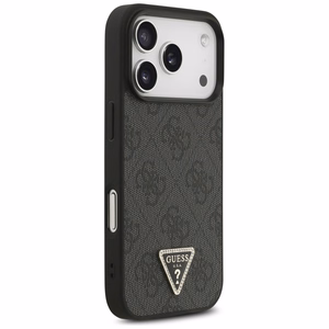 Guess Leather 4G Triangle Strass MagSafe dėklas iPhone 18 Pro / 17 Pro – juodas