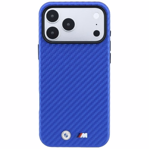 BMW dėklas, skirtas iPhone 18 Pro / 17 Pro: (Carbon Metal Logo), suderinamas su MagSafe, spalva – mėlyna