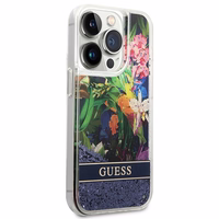 Guess Flower Liquid Glitter dėklas telefonui iPhone 14 Pro Max - mėlynas