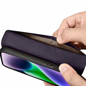 iCarer Piniginės dėklas 2in1 viršelis iPhone 14 Plus Anti-RFID odinis atverčiamas dėklas tamsiai violetinis (WMI14220727-DP)