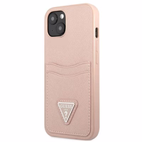 Guess GUHCP13SPSATPP iPhone 13 mini 5,4 "rožinis / rožinis kietas dėklas SaffianoTriangle Logo Kortelių skyrius