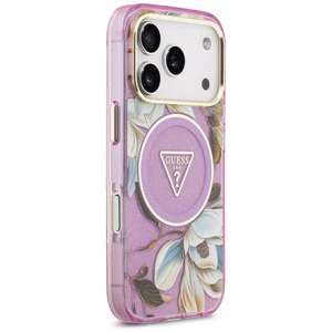Guess IML Glitter Flowers Triangle MagSafe dėklas, skirtas iPhone 17 Pro / 18 Pro – violetinis