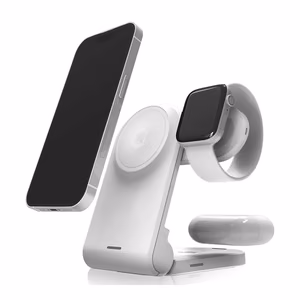 STM ChargeTree MAG nešiojamoji 3 viename belaidžio įkrovimo stotelė, skirta iPhone, Apple Watch ir AirPods, suderinama su MagSafe, balta