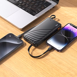 Išorinė baterija Hoco 10000 mAh 2A su keturiais integruotais laidais USB A + USB C + Lightning + Micro USB J146 juoda