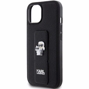 Karl Lagerfeld Gripstand Saffiano Karl&Choupette Pins dėklas telefonui iPhone 15 Plus / 14 Plus - juodas