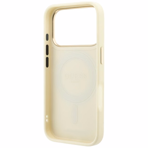 Guess Grained Classic Logo dėklas, skirtas iPhone 18 Pro / 17 Pro, su 360° žiedu-stovu, suderinamas su MagSafe – smėlio spalvos