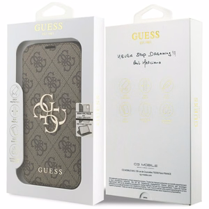 Guess Book 4G Metal Logo atverčiamas dėklas, skirtas iPhone 18 Pro / 17 Pro, rudas