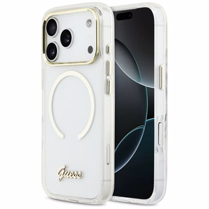 Guess IML Script Metal MagSafe Dėklas for iPhone 17 Pro - Clear