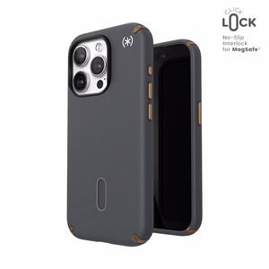 Speck Presidio2 Pro ClickLock MagSafe dėklas, skirtas iPhone 15 Pro, antracito pilkas ir šaltos bronzos spalvos