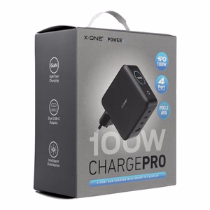 Kelioninis įkroviklis X-ONE ChargeGo GaN su LCD, 100W, 2x USB C – juodas