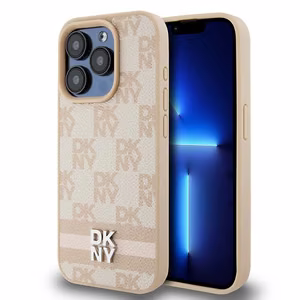 DKNY Leather Checkered Mono Pattern & Printed Stripes чехол для iPhone 15 Pro Max - розовый