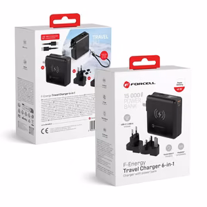 FORCELL F-ENERGY daugiafunkcinis įkroviklis 45W 6in1 su USB A ir USB C lizdais, išorinė baterija 15000mAh ir belaidis įkrovimas 15W