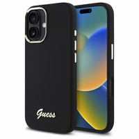 "Guess" silikoninis "iPhone 16 Plus" korpusas su metaliniu logotipu ir rėmeliu - juodas