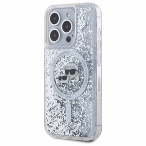 Karl Lagerfeld Skysti blizgučiai Karl & Choupette Head Magnetinis dėklas telefonui iPhone 15 Pro - skaidrus