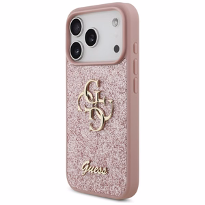 Guess PU Fixed Glitter 4G Metal Logo dėklas Apple iPhone 18 Pro, rožinis