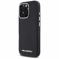 Karl Lagerfeld Saffiano pilnai aptrauktas pailgo metalinio logotipo magnetinis dėklas telefonui iPhone 16 Pro - juodas