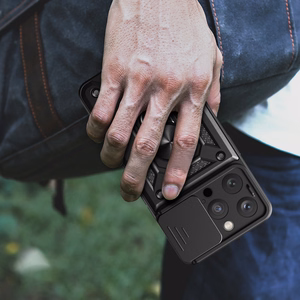 Hibridinis šarvuotas Camshield iPhone 15 Pro dėklas su stovu ir kameros dangteliu - mėlynas