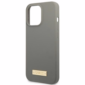 Guess GUHMP13LSPLG iPhone 13 Pro / 13 6.1" pilkas/pilkas kietas dėklas Silikoninis Logo Plate Magnetinis