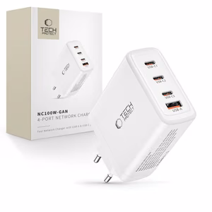 "Tech-Protect NC100W-GAN" įkroviklis GaN 3x USB-C PD 100W / USB-A QC 3.0 - baltas