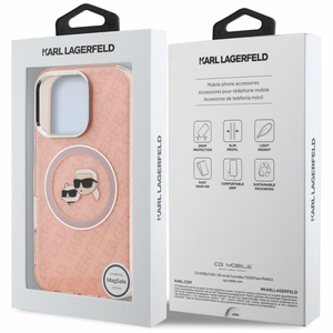 Karl Lagerfeld IML Glitter Karl & Choupette Heads Logo MagSafe dėklas iPhone 16 Pro - rožinis