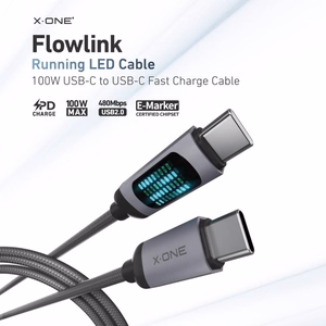 X-ONE FlowLink duomenų laidas su bėgančiu LED apšvietimu – C–C tipo – 5A, iki 100W, 1,2m, juodas