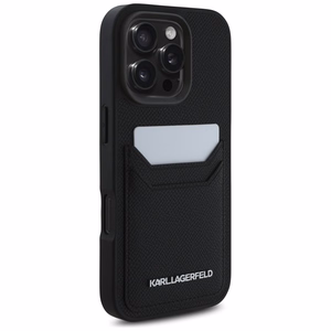Karl Lagerfeld HC Grūdinto PU dėklas su kortelių skyriumi ir metaliniu Elong iPhone 16 Pro Max - juodas