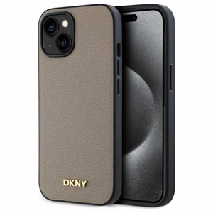 DKNY Grained Metal Logo Magnetinis iPhone 15 dėklas - smėlio spalvos