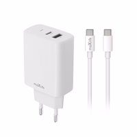 "Maxlife MXTC-10-30AC PD QC įkroviklis 1x USB-C 1x USB 30W baltos spalvos + USB-C - USB-C kabelis 60W