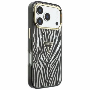 Guess IML Zebra Glitter Triangle Logo MagSafe dėklas, skirtas iPhone 18 Pro / 17 Pro – spalva: sidabrinė