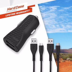 Energizer HardCase DC2BLCMM car charger, 2 × USB-A, 2.4 A, with USB-C and Micro-USB cable, black