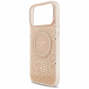 Guess IML Flowers Electro Pearl Strap MagSafe dėklas telefonui iPhone 17 Pro Max - rožinis