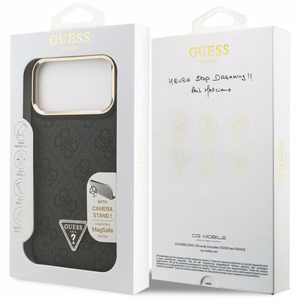 Guess 4G PU trikampio logotipo ir stovo magnetinis dėklas telefonui iPhone 17 Pro Max - juodas
