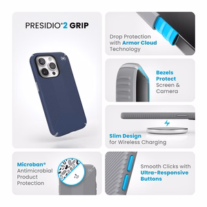Speck Presidio2 Grip dėklas, skirtas iPhone 15 Pro, „Coastal Blue / Dust Grey“ spalvos