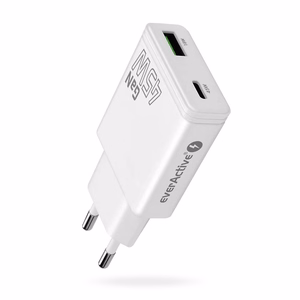 EVERACTIVE GaN tinklo įkroviklis 1× USB-C, 1× USB Quick Charge 3.0 45 W PD, baltas