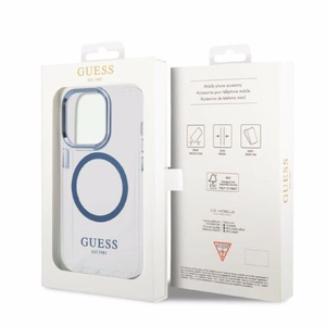 Guess GUHMP14XHTRMB iPhone 14 Pro Max 6.7" mėlynas kietas dėklas su metaliniu kontūru, magnetinis (MagSafe)