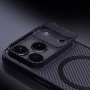 "Nillkin CamShield Pro MagSafe" suderinamas dėklas, skirtas "iPhone 17 Pro Max" - skaidrus, juodas